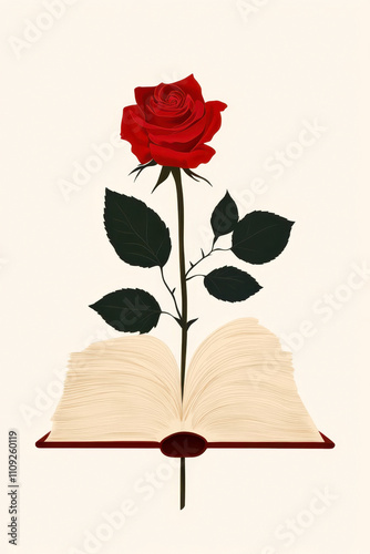 Day of books and roses celebration with blooming rose on open book design. Diada de Sant Jordi (Saint George's Day). Vertical banner. Copy space. Book and rose on a white background