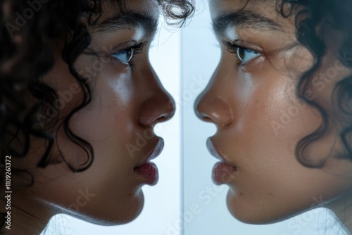 Young woman looking at her reflection in mirror on white background