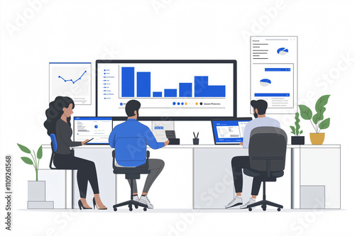 Business team is working together in the office, analyzing data on computer screens and using data analytics software to track their progress