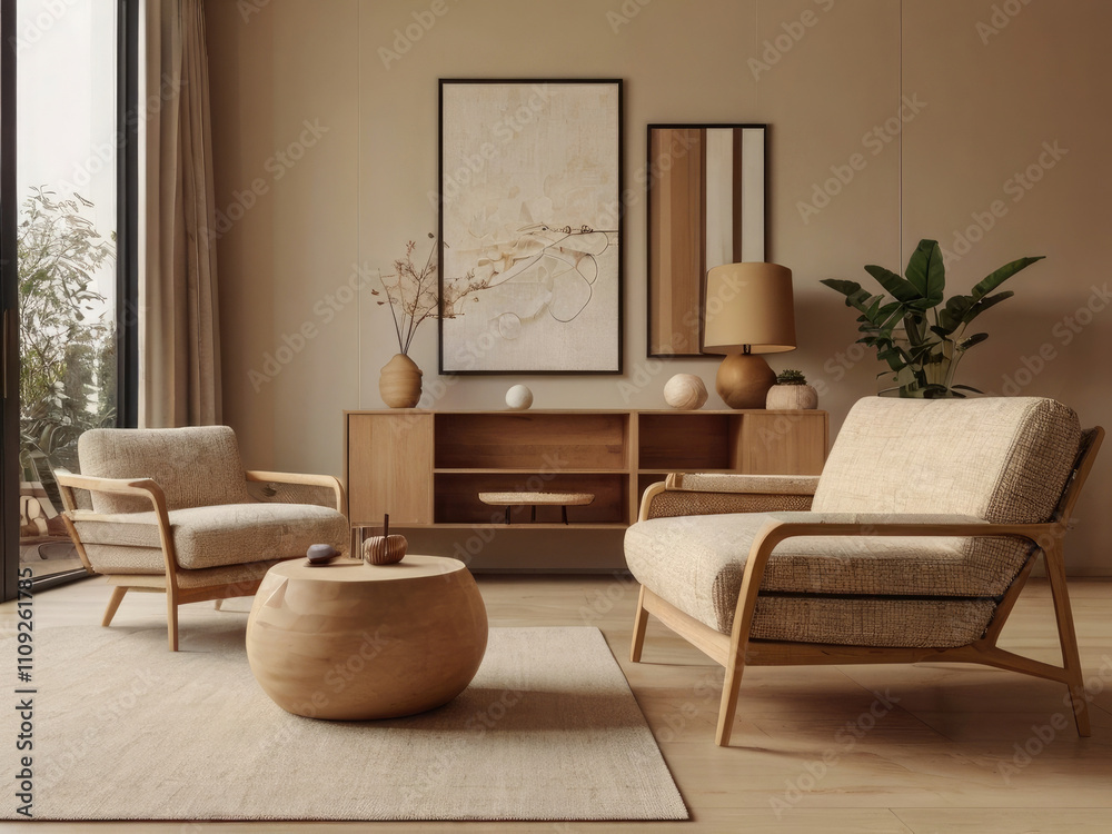 Obraz premium Minimalist, japandi style interior design of modern living room. Boucle sofa and accent armchair against beige wall with frame.