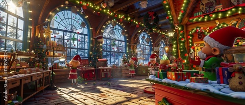 A lively Christmas workshop scene, ideal for festive greeting cards, social media posts, and website banners