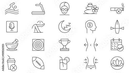 Lifestyle line icon set. Exercise, sleep, running, routine, gym, nutrition, cardio exercises, sports supplements, yoga, self-care, health, diet line icon set.