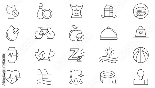 Lifestyle line icon set. Exercise, sleep, running, routine, gym, nutrition, cardio exercises, sports supplements, yoga, self-care, health, diet line icon set.