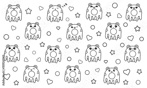 A large set of coloring pages with kawaii donuts with bear ears and a funny face. Various Kawaii emotions.Vector illustration isolated on white background.