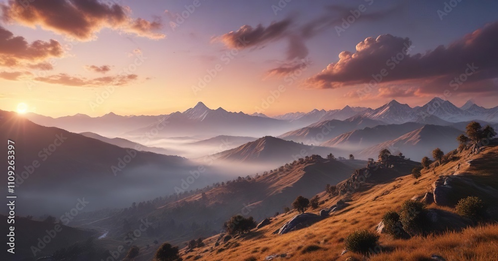 Obraz premium The serenity of the Himalayas at sunset with rolling hills and misty clouds in the background , peaceful ambiance, serenity