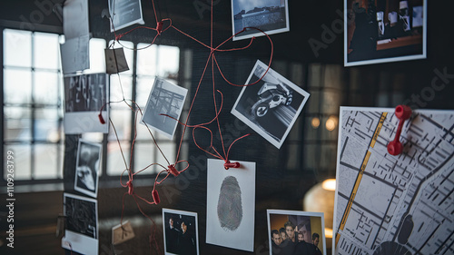 Detective Board with Fingerprints, Photos, Map, and Clues Connected by Red String: Investigative Work, Crime Scene Analysis, Mystery Solving Display	 photo