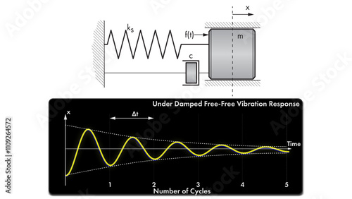 A line drawing showing a dynamical mass-spring-damper system, symbols for mass, damping, and stiffness, and a plot of the under damped response