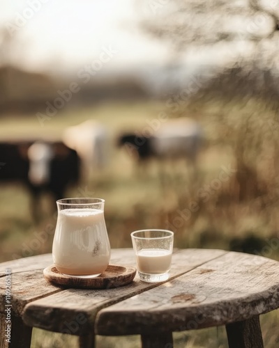 Milk Carafe and Glass on Wooden Table with Blurred Cows in Background
 photo