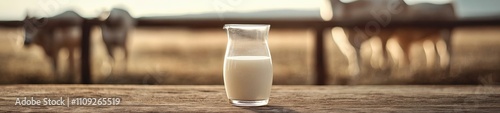 Milk Carafe and Glass on Wooden Table with Blurred Cows in Background
 photo