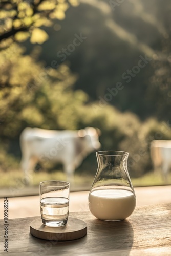 Milk Carafe and Glass on Wooden Table with Blurred Cows in Background
 photo