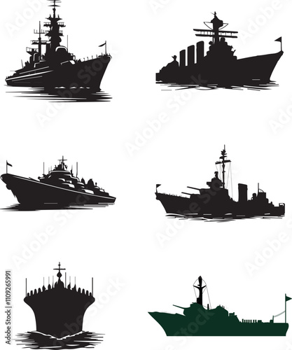 Warship navy silhouettes set, vector 