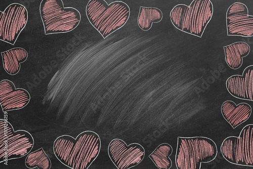 Heart border for Valentines day. February 14th day. Hand drawn illustration on the blackboard.