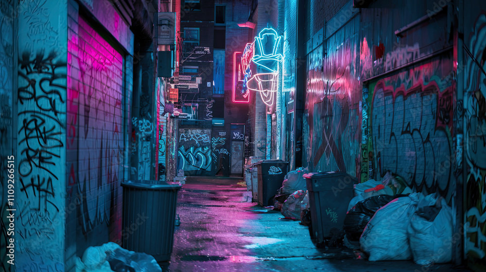 Fototapeta premium Alley with Neon Lights, Garbage, and Graffiti at Night, Urban Street Scene, Dark and Moody Atmosphere, Street Art, City Backstreet, Neon Glow, Abandoned Urban Environment, Graffiti Artwork
