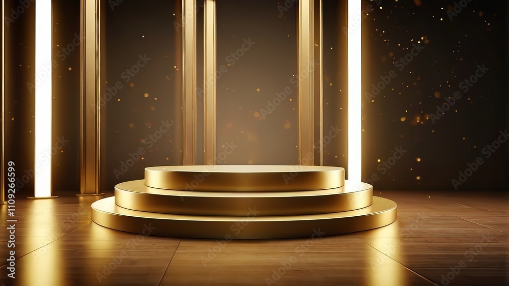 Golden podium with spot lights on background, 8k Resolution Golden podium with spot lights on background, 8k Resolution