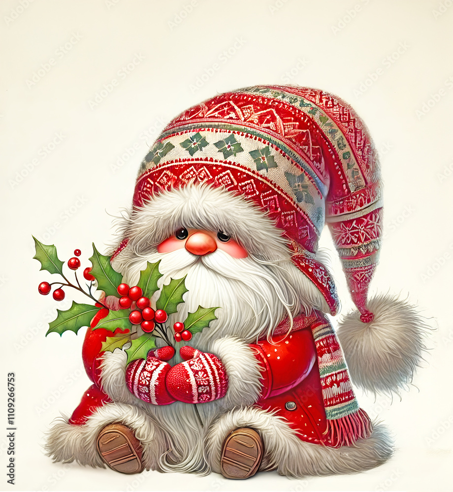 Naklejka premium Charming Nordic Gnome in Red Sweater Surrounded by Holly Berries