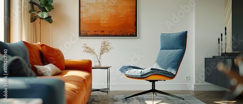 Modern Living Room Interior Design with Blue Sofa and Orange Armchair photo