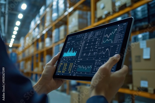 Manager is using digital tablet with inventory management software to check stock and optimize supply chain in warehouse