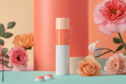 Customizable lip balm packaging mockup placed on a display stand with flowers, showcasing a pastel color palette photo