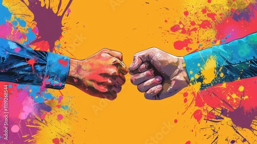 Two colorful fists bump against each other, surrounded by vibrant splashes of paint on a bright orange background.
