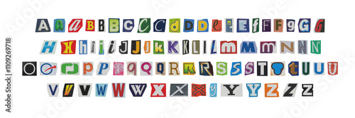big set of cut-out english png alphabet from magazines on a transparent background, retro y2k ransom style