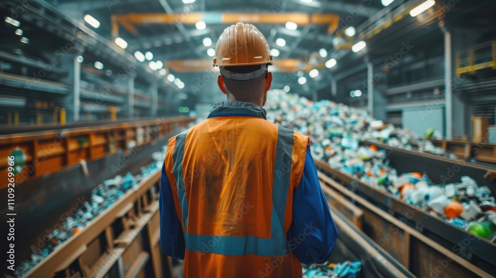 A worker in a safety helmet and vest stands in a waste recycling facility, overseeing a conveyor belt filled with various recyclables. A worker in a safety helmet and vest stands in a waste recycling facility, overseeing a conveyor belt filled with various recyclables.
