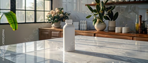 High-Quality White Supplement Bottle in Modern Kitchen Setting: Ideal for Health Product Packaging and Website Design photo