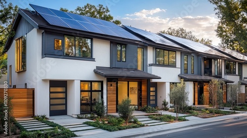 Modern townhouses with gray roofs, one featuring solar panels under a bright sky. 