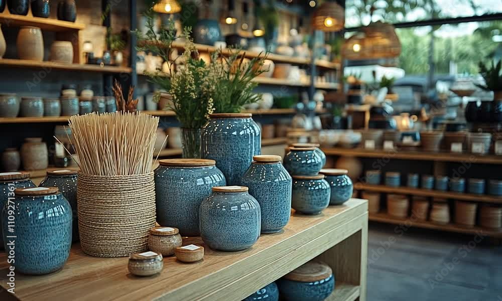 A display of decorative blue pottery and natural elements. A display of decorative blue pottery and natural elements.