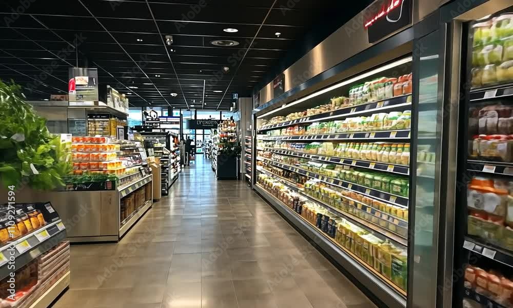 A grocery store aisle showcasing various food products and drinks.
