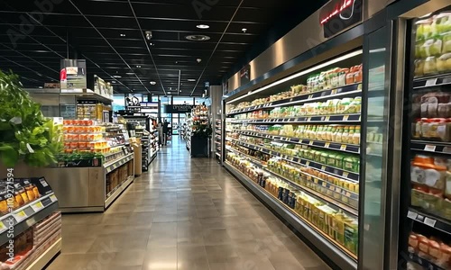 A grocery store aisle showcasing various food products and drinks.