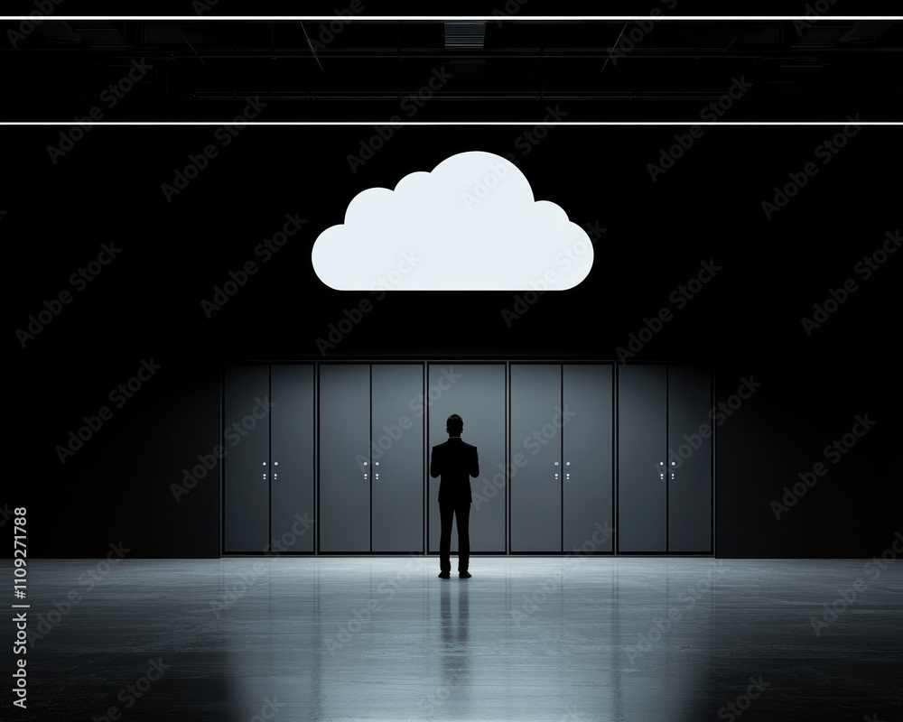 Obraz premium User logging into a secure cloud with advanced algorithms focus on access, A silhouette of a person standing in a dark room, gazing at a cloud icon