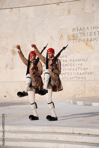 Athens, Greece / September 2023: The presidential palace guard in traditional Greek Tsolias outfit outside the Fallen Soldier monument at Syntagma square. 