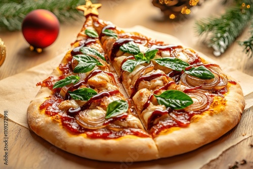 Christmas tree-shaped pizza concept. Festive pizza shaped like a Christmas tree with toppings and decorations photo