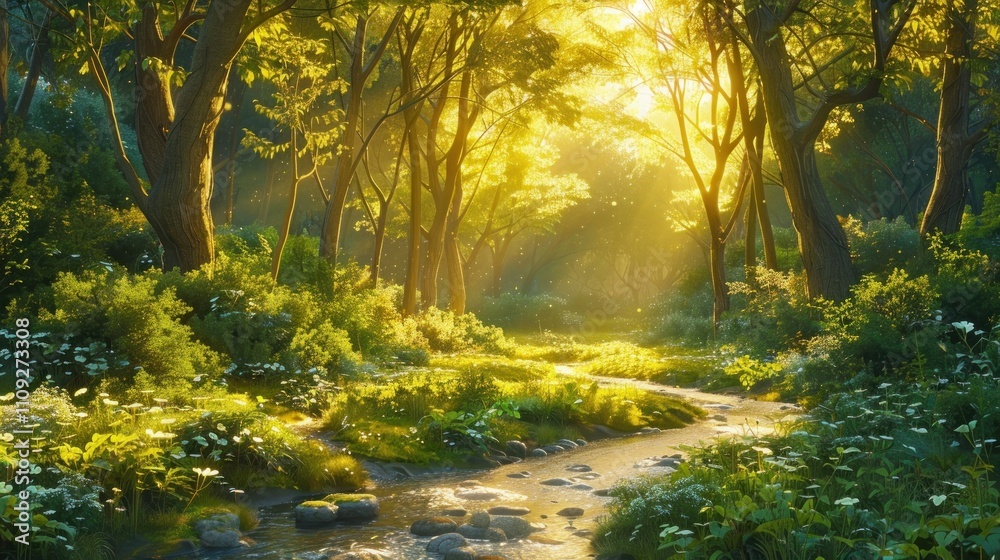 Obraz premium Sunlit forest path with stream.