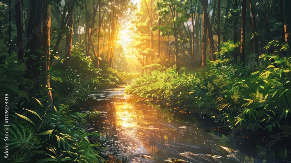 Obraz premium Sunlit stream flows through lush green rainforest.