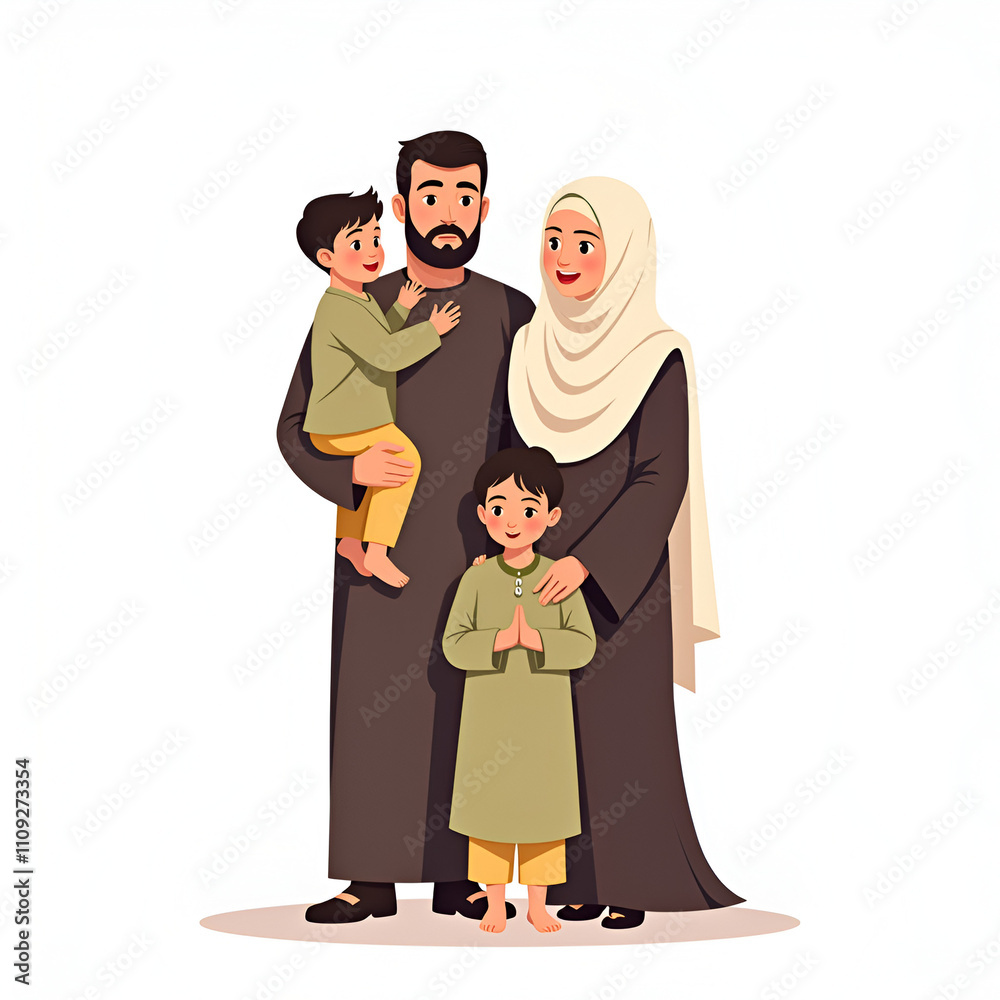 Obraz premium Muslim family cartoon illustration