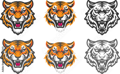 Set of icons of an angry roaring tiger head. Print and patch of a valiant tiger.