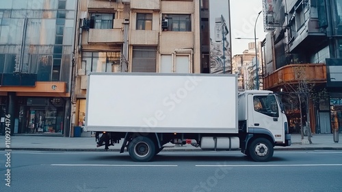 cargo truck with big empty bodywork with white mock-up place for advertising commercial information stands outside on city street business logistics concept. photo