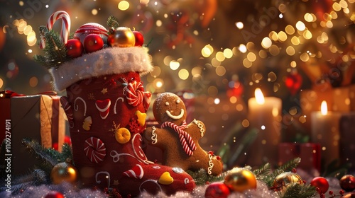 Festive holiday stocking overflowing with ornaments, candy canes, and a cheerful gingerbread man