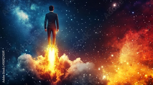 Young entrepreneur launch under starry cosmos with flames.