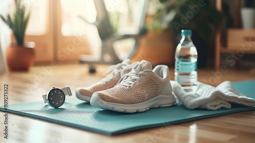 Home fitness shoes, water, mat, watch.