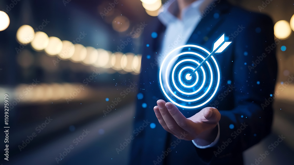 Business Professional Holding a Holographic Target Symbol: Focus and Precision background, target achieved, aim, goal achievement, sharp precision, modern business aesthetics Business Professional Holding a Holographic Target Symbol: Focus and Precision background, target achieved, aim, goal achievement, sharp precision, modern business aesthetics