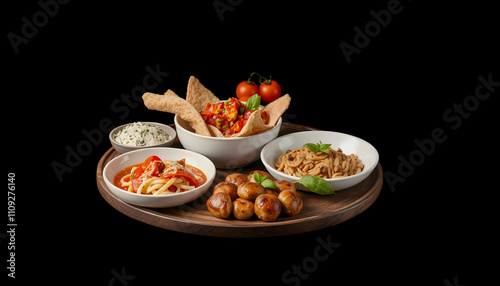 Italian food dishes on dark background. Traditional food concept with a white accent, png photo