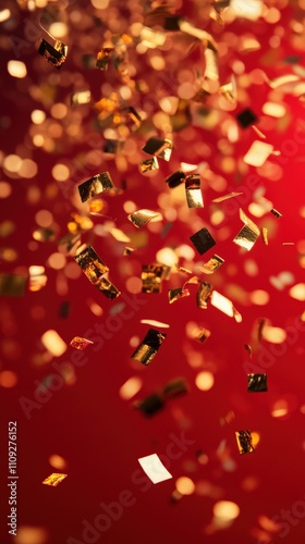 Flying Shiny Golden Foil Confetti on Vibrant Backgrounds
 photo