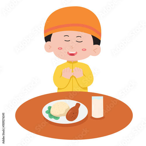Boy praying before meal with rice, chicken, and milk. Suitable for religious, nutrition, family, and mealtime concepts in design projects