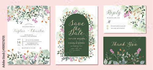 wedding invitation set with wildflower and leaves watercolor frame