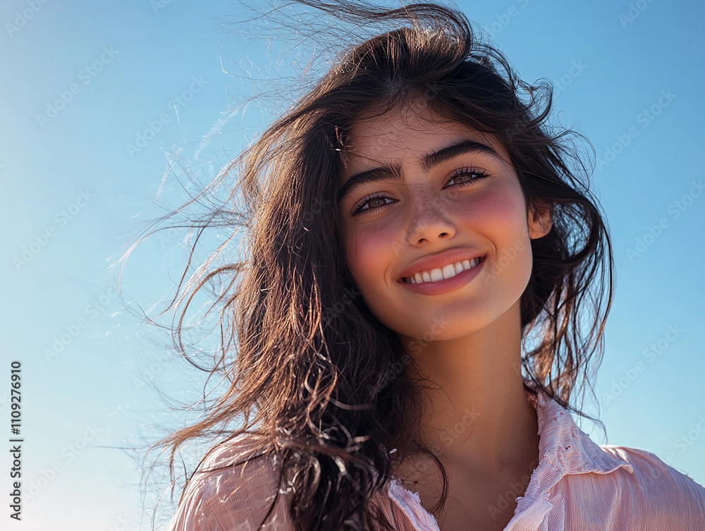 Close-up photo of beautiful woman against blue sky background Close-up photo of beautiful woman against blue sky background