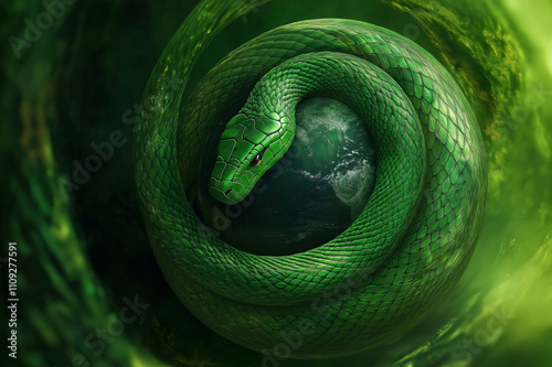 Green snake is surrounding planet earth, a powerful symbol of the environmental danger threatening our world photo