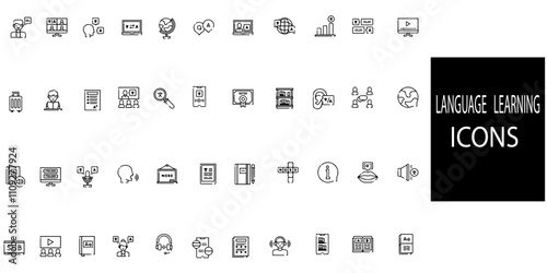Language learning simple concept 44 icons set. Contains such hi,hello,rwading,writing,listening etc .Vector illustration.