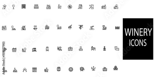 Winery simple concept 44 icons set. Contains such wine bottle, wine glass, grape, corkscrew, vineyard, barrel and winery.Vector illustration.